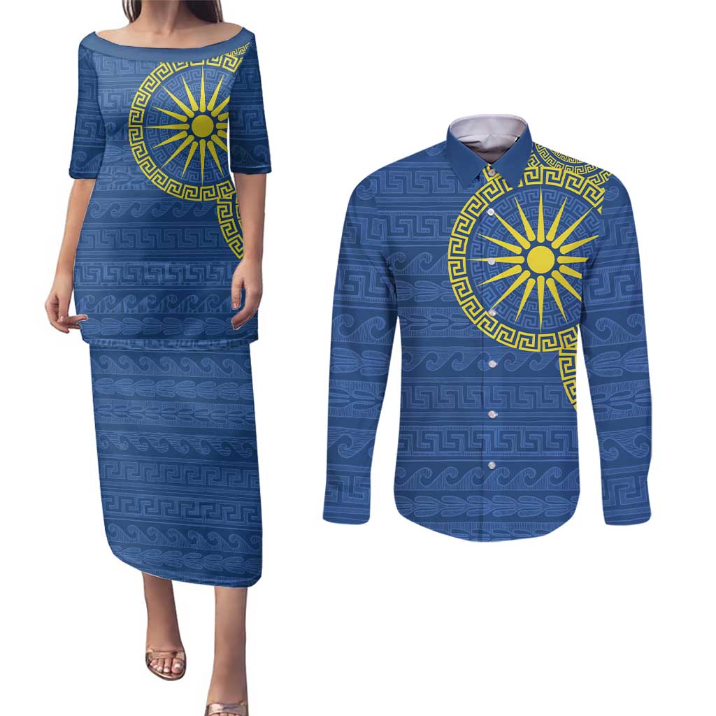 Vergina Sun Macedonia Couples Matching Puletasi and Long Sleeve Button Shirt Greek Pattern Blue - Wonder Print Shop