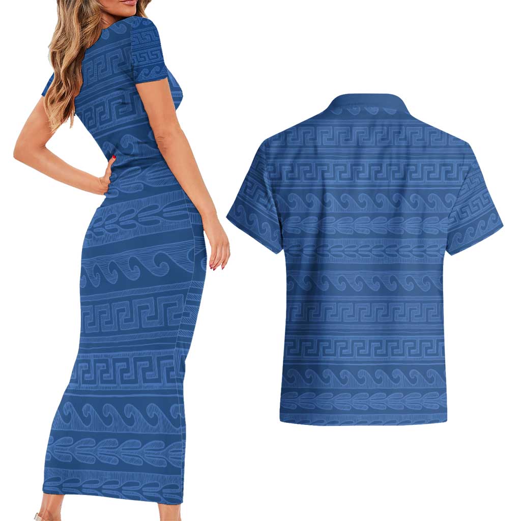 Vergina Sun Macedonia Couples Matching Short Sleeve Bodycon Dress and Hawaiian Shirt Greek Pattern Blue - Wonder Print Shop