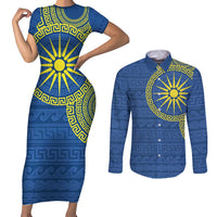 Vergina Sun Macedonia Couples Matching Short Sleeve Bodycon Dress and Long Sleeve Button Shirt Greek Pattern Blue - Wonder Print Shop