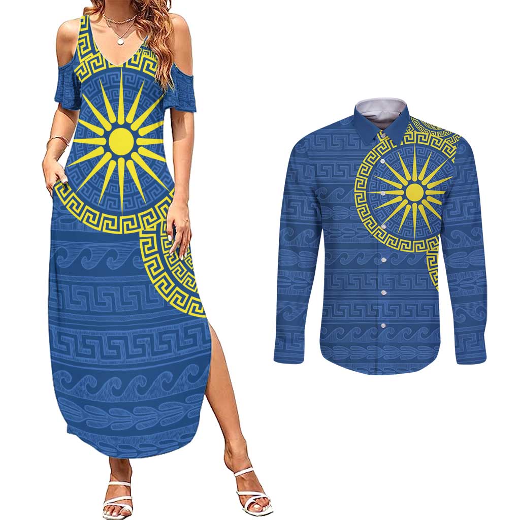Vergina Sun Macedonia Couples Matching Summer Maxi Dress and Long Sleeve Button Shirt Greek Pattern Blue - Wonder Print Shop