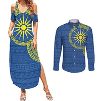 Vergina Sun Macedonia Couples Matching Summer Maxi Dress and Long Sleeve Button Shirt Greek Pattern Blue - Wonder Print Shop