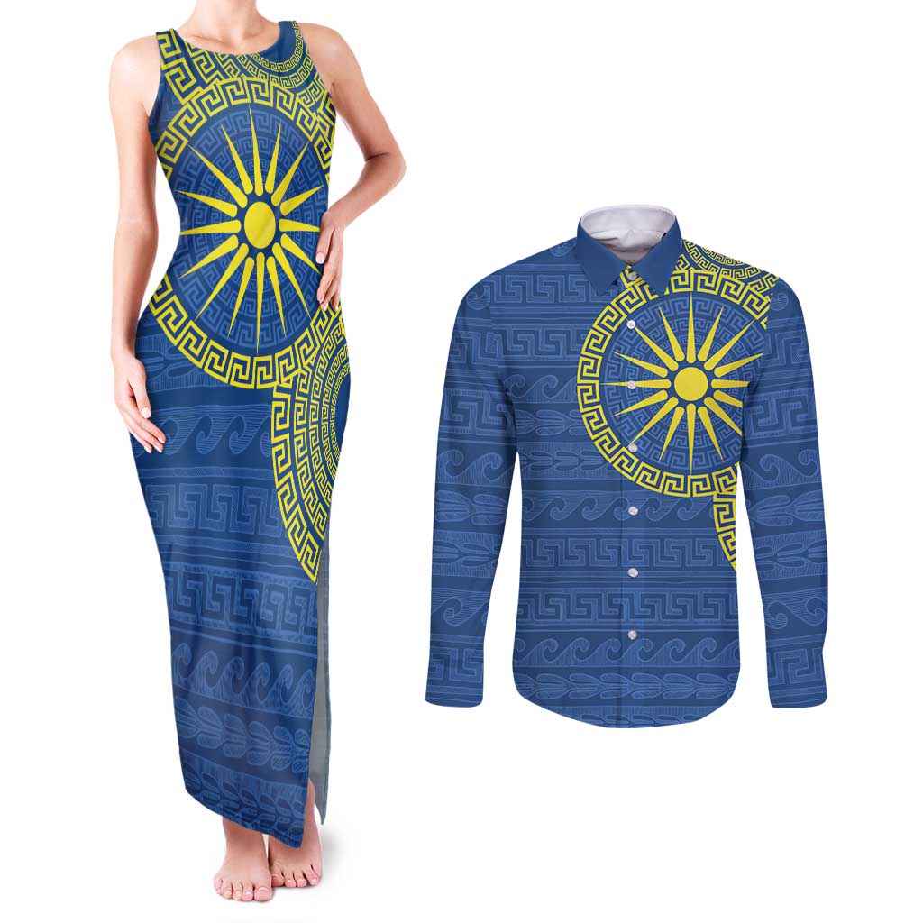 Vergina Sun Macedonia Couples Matching Tank Maxi Dress and Long Sleeve Button Shirt Greek Pattern Blue - Wonder Print Shop