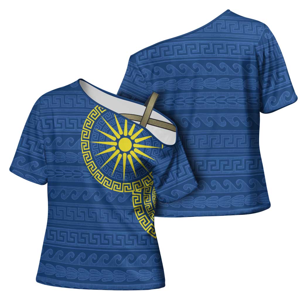 Vergina Sun Macedonia Cross Shoulder Shirt Greek Pattern Blue - Wonder Print Shop