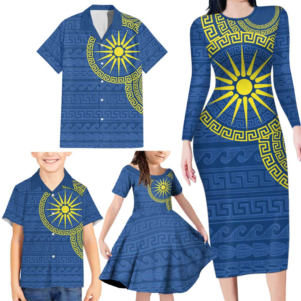 Vergina Sun Macedonia Family Matching Long Sleeve Bodycon Dress and Hawaiian Shirt Greek Pattern Blue - Wonder Print Shop