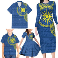 Vergina Sun Macedonia Family Matching Long Sleeve Bodycon Dress and Hawaiian Shirt Greek Pattern Blue - Wonder Print Shop