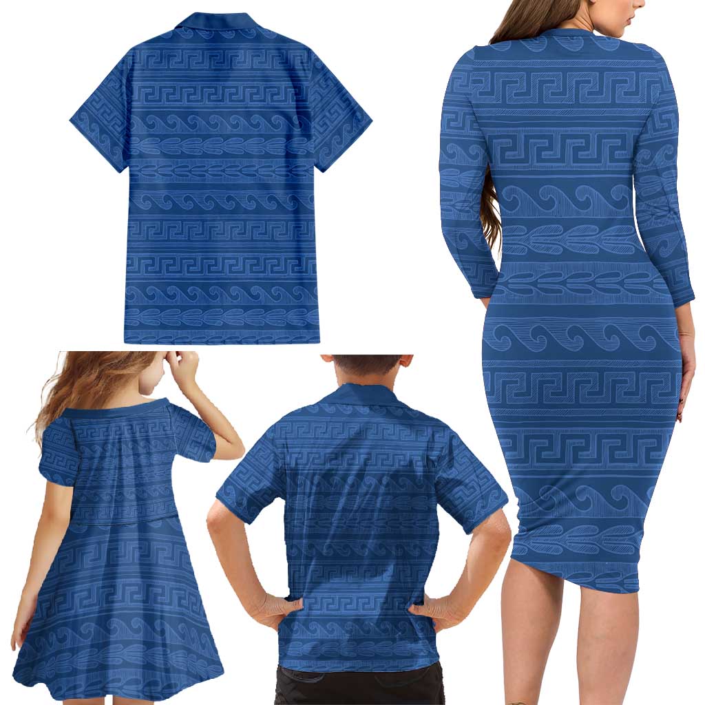 Vergina Sun Macedonia Family Matching Long Sleeve Bodycon Dress and Hawaiian Shirt Greek Pattern Blue - Wonder Print Shop