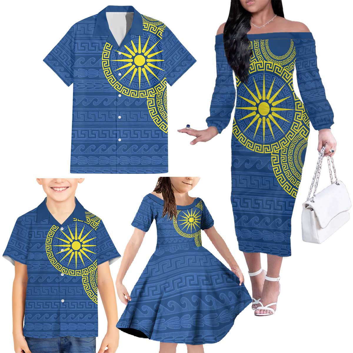 Vergina Sun Macedonia Family Matching Off The Shoulder Long Sleeve Dress and Hawaiian Shirt Greek Pattern Blue - Wonder Print Shop