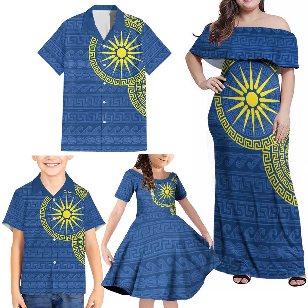 Vergina Sun Macedonia Family Matching Off Shoulder Maxi Dress and Hawaiian Shirt Greek Pattern Blue - Wonder Print Shop
