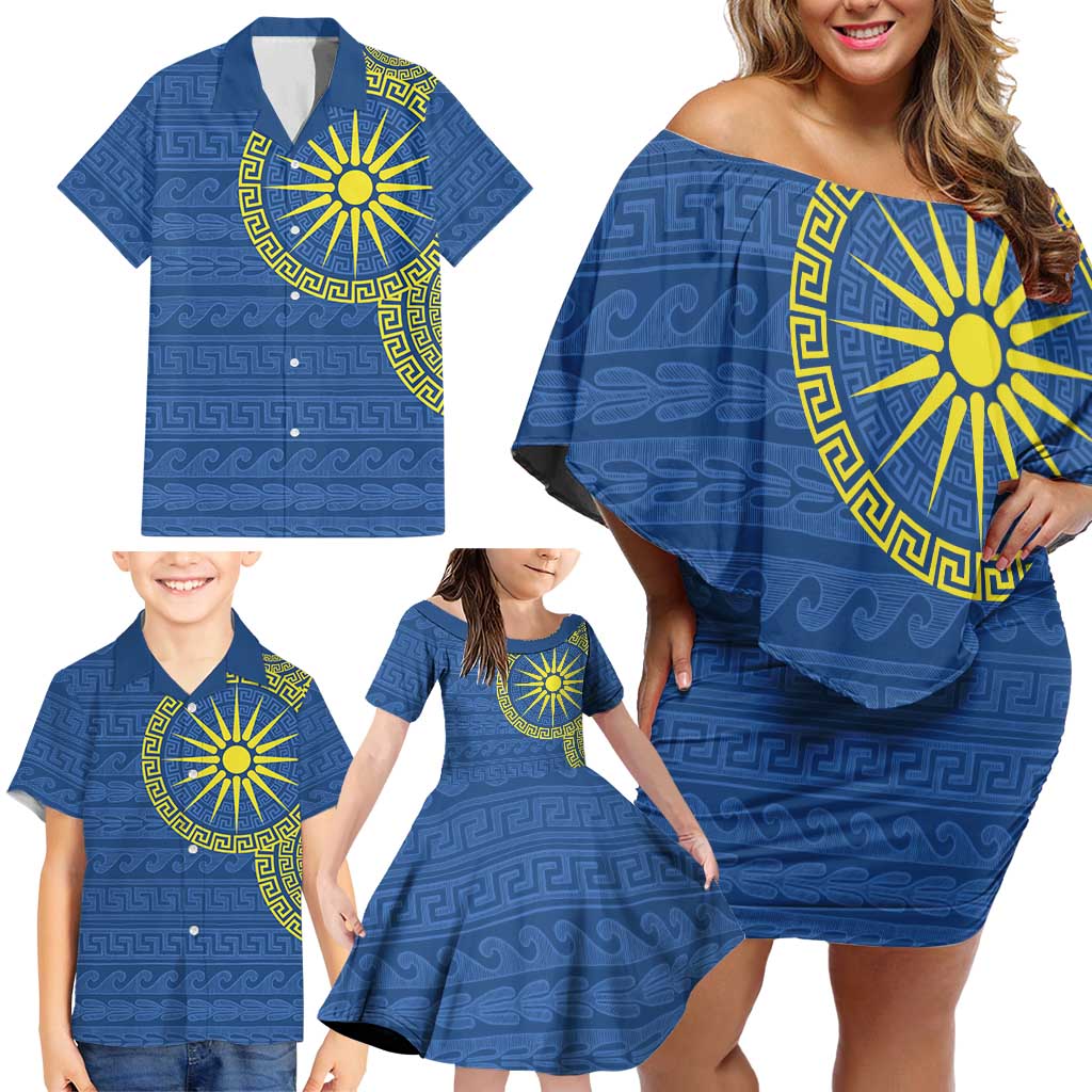 Vergina Sun Macedonia Family Matching Off Shoulder Short Dress and Hawaiian Shirt Greek Pattern Blue - Wonder Print Shop