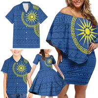 Vergina Sun Macedonia Family Matching Off Shoulder Short Dress and Hawaiian Shirt Greek Pattern Blue - Wonder Print Shop