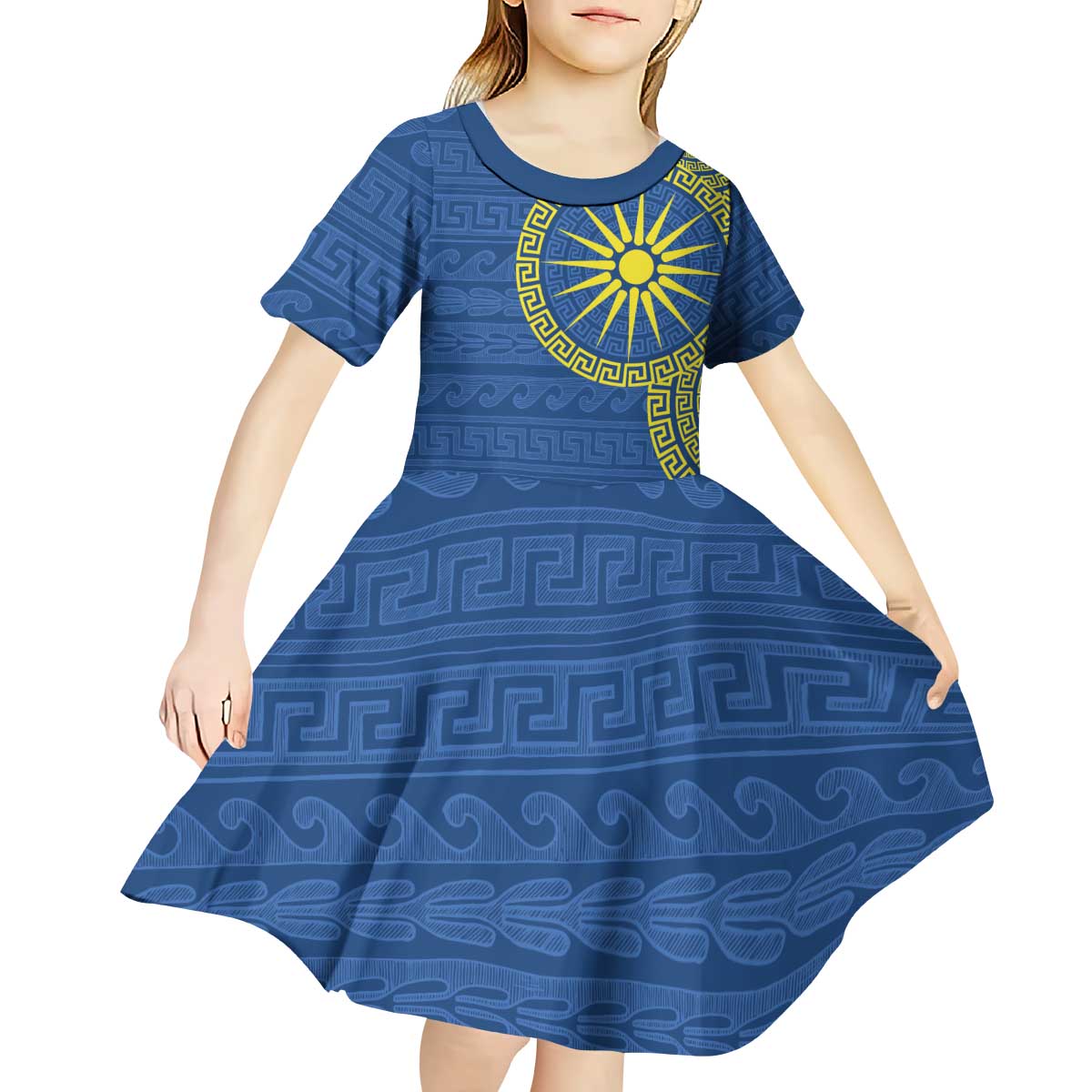 Vergina Sun Macedonia Kid Short Sleeve Dress Greek Pattern Blue - Wonder Print Shop
