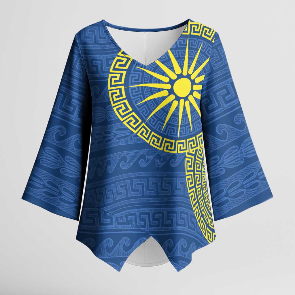 Vergina Sun Macedonia Kimono Sleeve Blouse Greek Pattern Blue - Wonder Print Shop