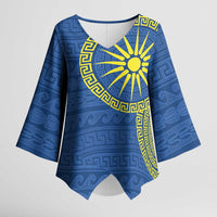 Vergina Sun Macedonia Kimono Sleeve Blouse Greek Pattern Blue - Wonder Print Shop