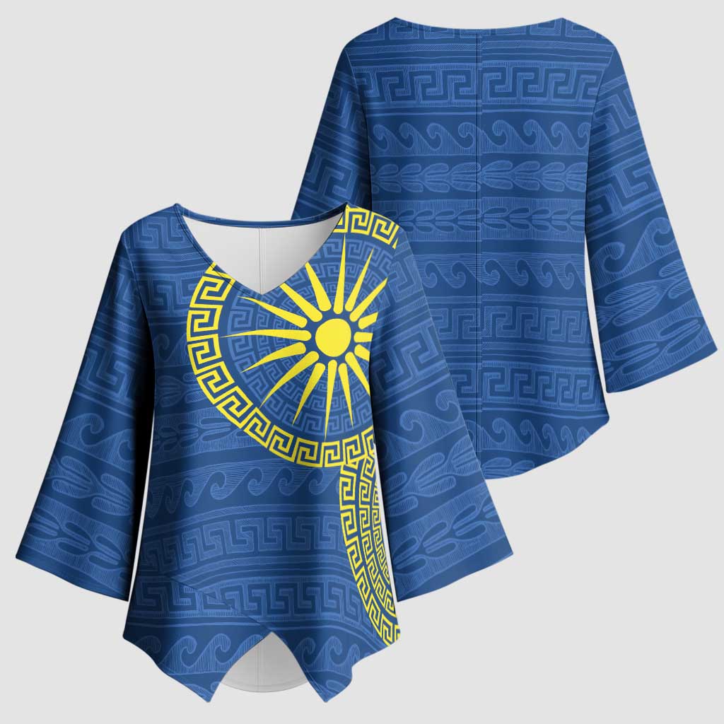 Vergina Sun Macedonia Kimono Sleeve Blouse Greek Pattern Blue - Wonder Print Shop