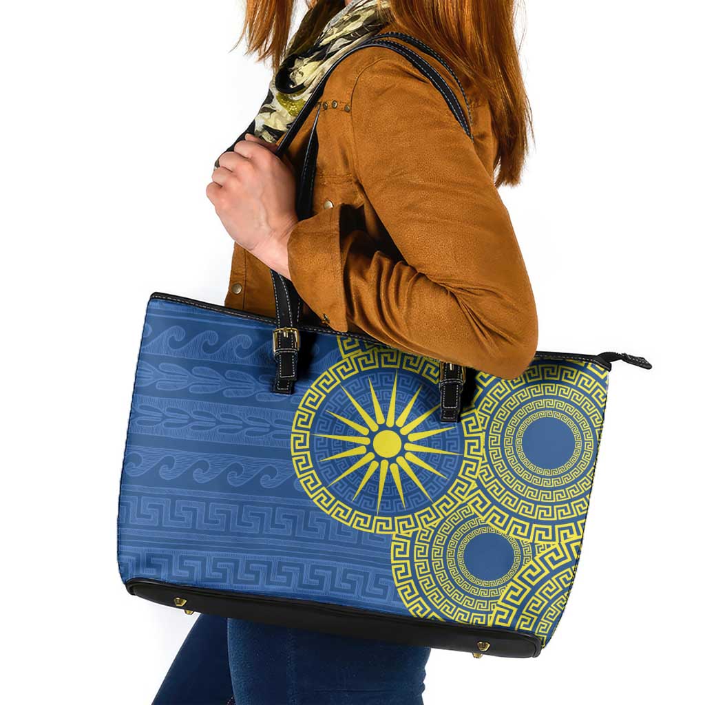 Vergina Sun Macedonia Leather Tote Bag Greek Pattern Blue - Wonder Print Shop