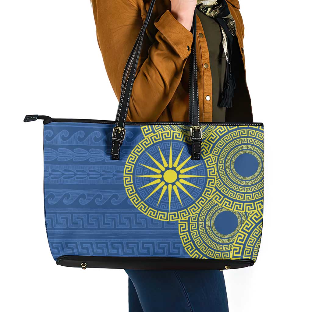 Vergina Sun Macedonia Leather Tote Bag Greek Pattern Blue - Wonder Print Shop