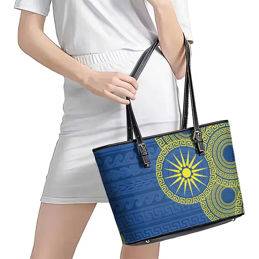 Vergina Sun Macedonia Leather Tote Bag Greek Pattern Blue - Wonder Print Shop