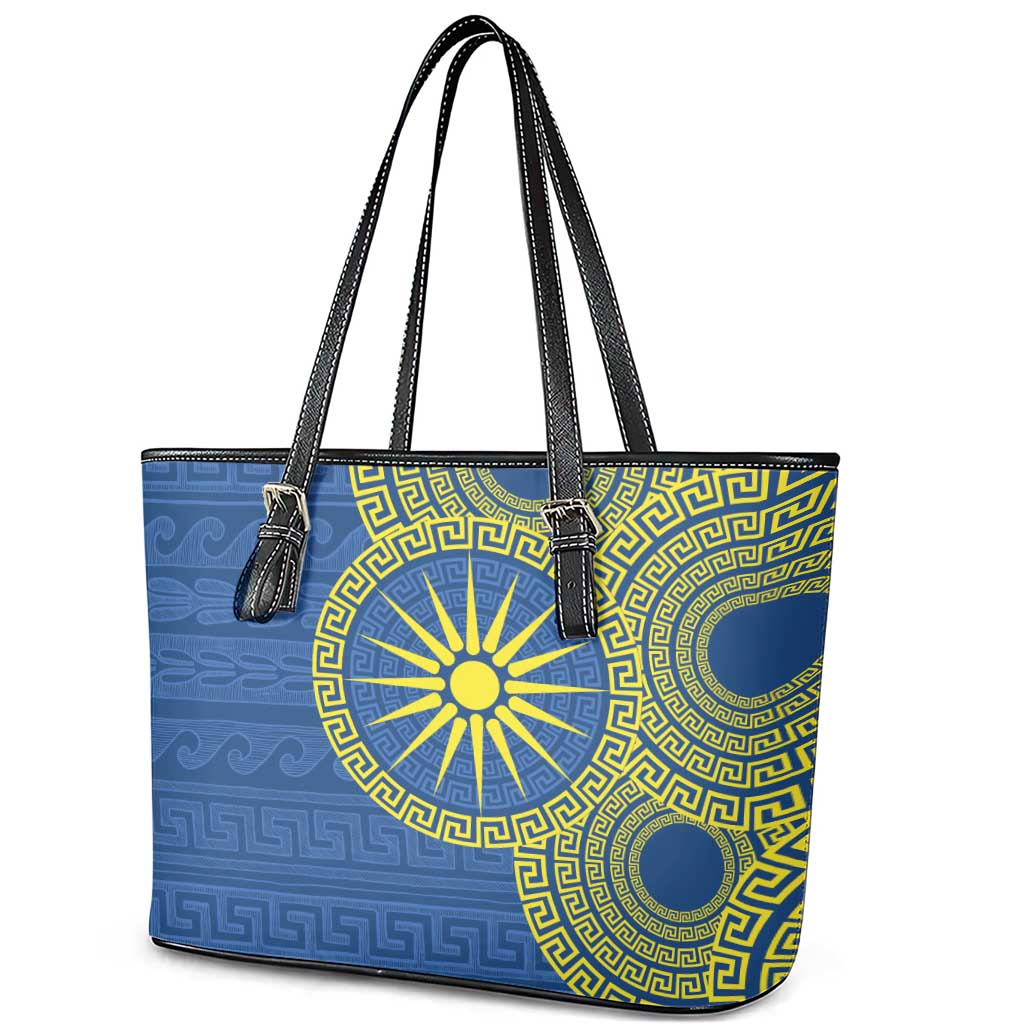 Vergina Sun Macedonia Leather Tote Bag Greek Pattern Blue - Wonder Print Shop