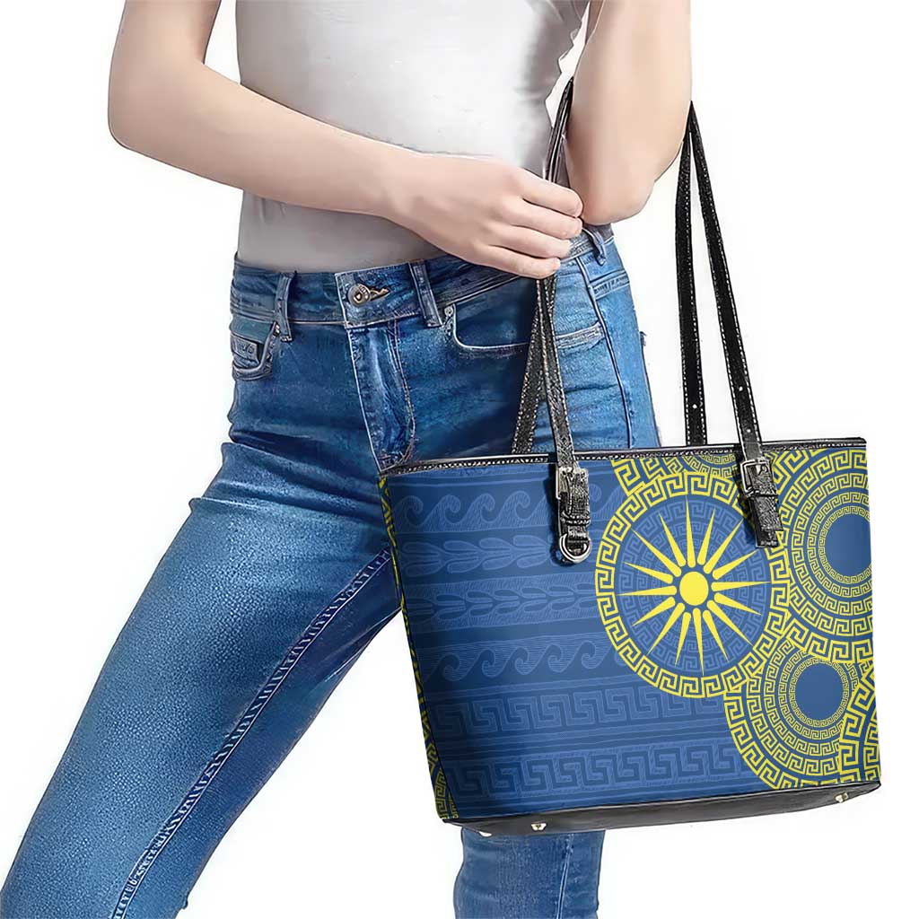 Vergina Sun Macedonia Leather Tote Bag Greek Pattern Blue - Wonder Print Shop
