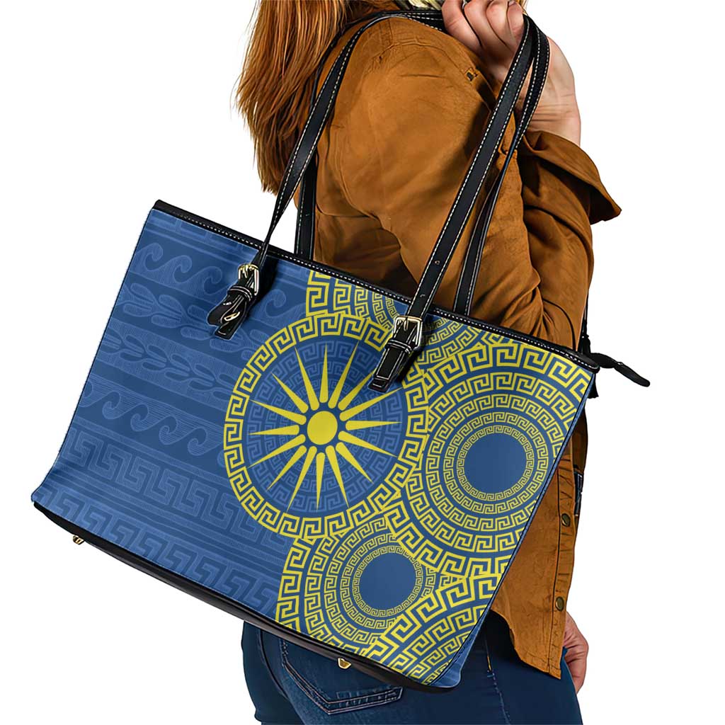 Vergina Sun Macedonia Leather Tote Bag Greek Pattern Blue - Wonder Print Shop