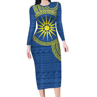 Vergina Sun Macedonia Long Sleeve Bodycon Dress Greek Pattern Blue - Wonder Print Shop