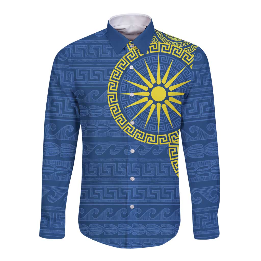 Vergina Sun Macedonia Long Sleeve Button Shirt Greek Pattern Blue - Wonder Print Shop