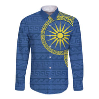 Vergina Sun Macedonia Long Sleeve Button Shirt Greek Pattern Blue - Wonder Print Shop