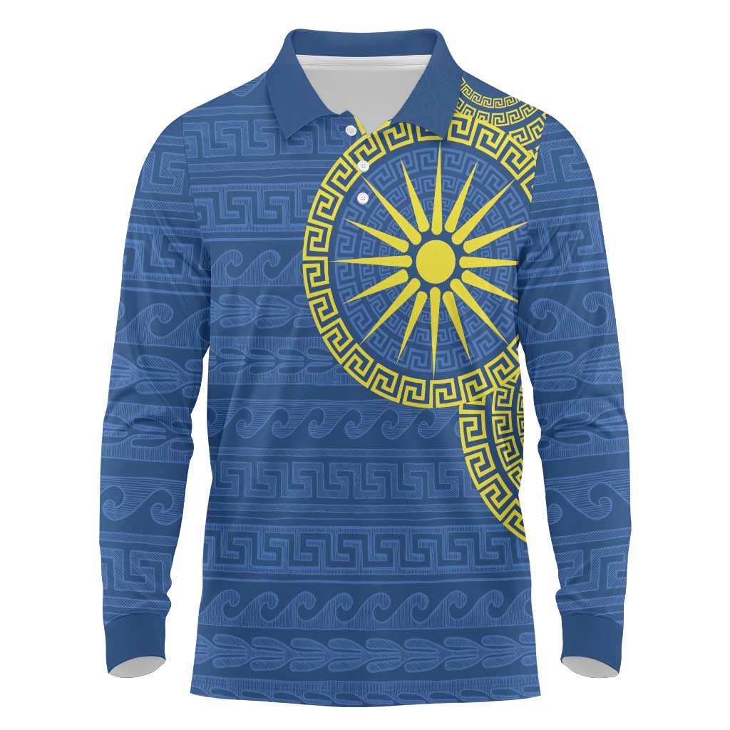 Vergina Sun Macedonia Long Sleeve Polo Shirt Greek Pattern Blue - Wonder Print Shop