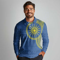Vergina Sun Macedonia Long Sleeve Polo Shirt Greek Pattern Blue - Wonder Print Shop