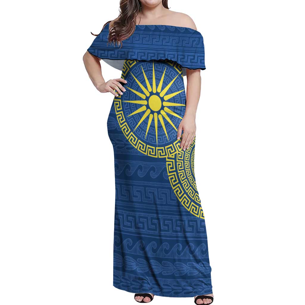 Vergina Sun Macedonia Off Shoulder Maxi Dress Greek Pattern Blue - Wonder Print Shop