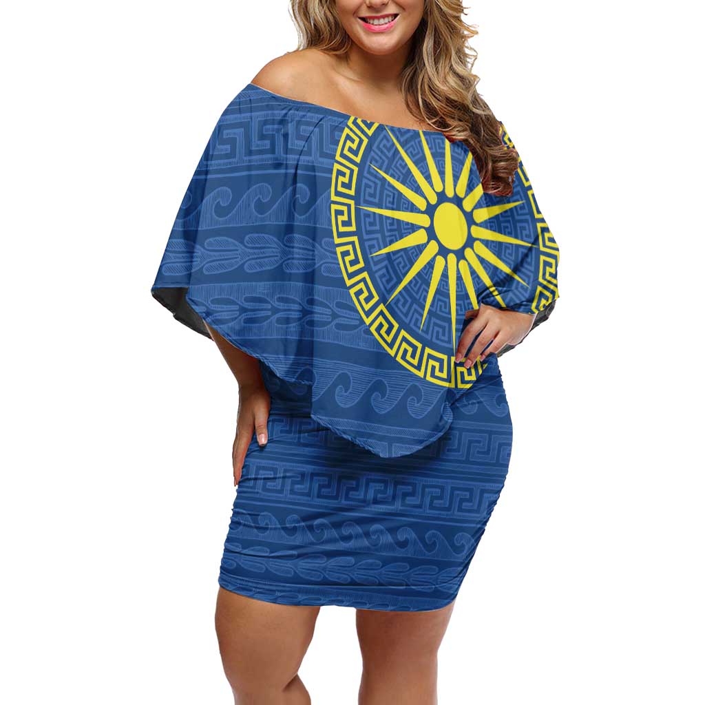 Vergina Sun Macedonia Off Shoulder Short Dress Greek Pattern Blue - Wonder Print Shop