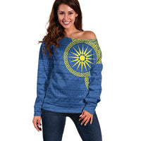 Vergina Sun Macedonia Off Shoulder Sweater Greek Pattern Blue - Wonder Print Shop