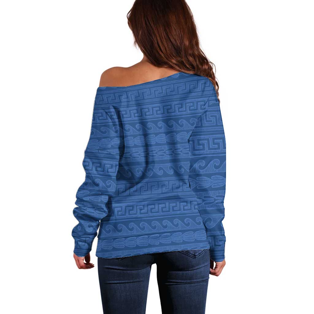 Vergina Sun Macedonia Off Shoulder Sweater Greek Pattern Blue - Wonder Print Shop