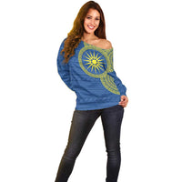 Vergina Sun Macedonia Off Shoulder Sweater Greek Pattern Blue - Wonder Print Shop
