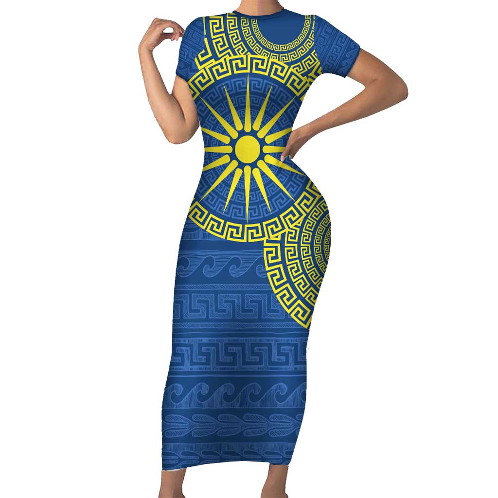 Vergina Sun Macedonia Short Sleeve Bodycon Dress Greek Pattern Blue - Wonder Print Shop