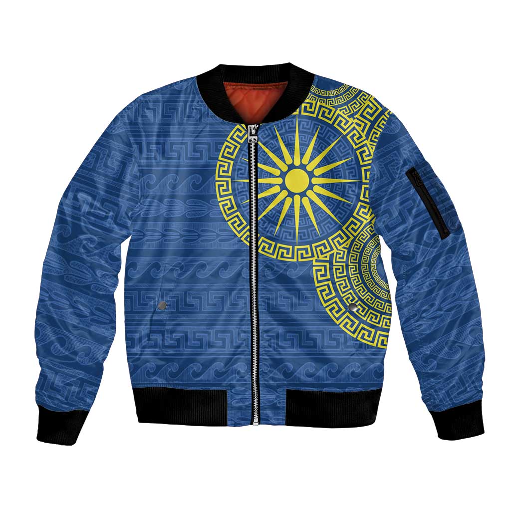 Vergina Sun Macedonia Sleeve Zip Bomber Jacket Greek Pattern Blue - Wonder Print Shop