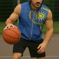 Vergina Sun Macedonia Sleeveless Zip Hoodie Greek Pattern Blue - Wonder Print Shop