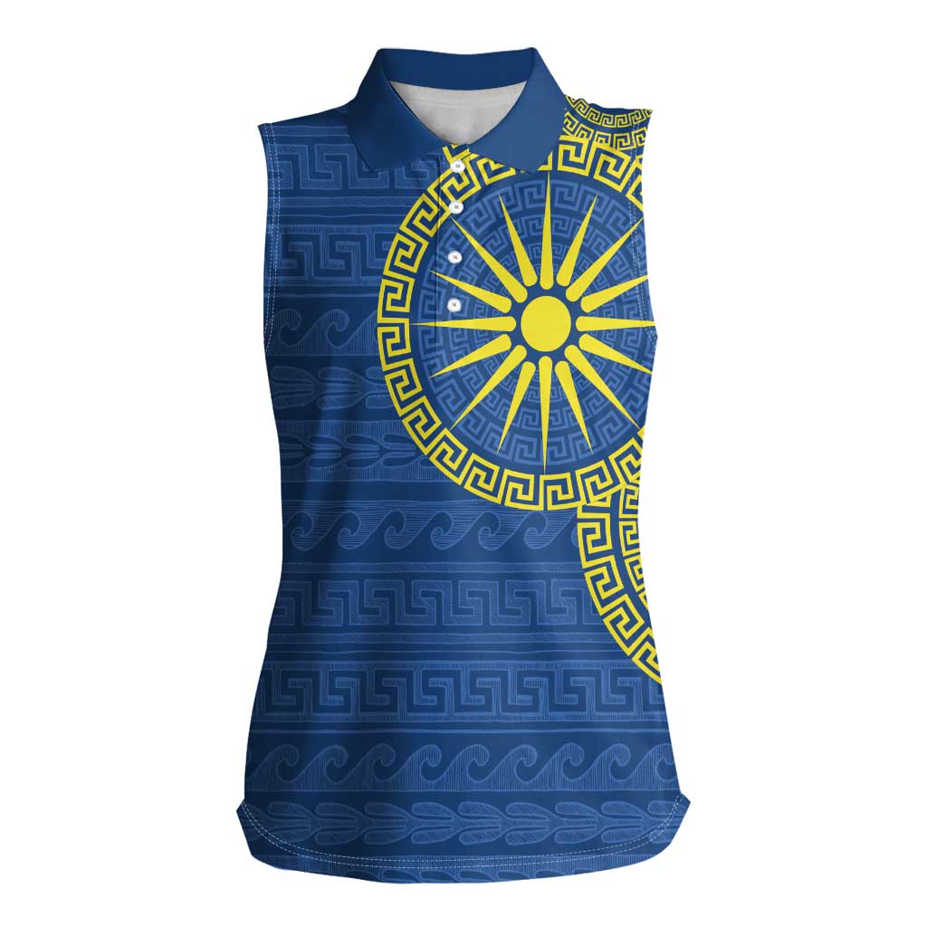 Vergina Sun Macedonia Women Sleeveless Polo Shirt Greek Pattern Blue - Wonder Print Shop