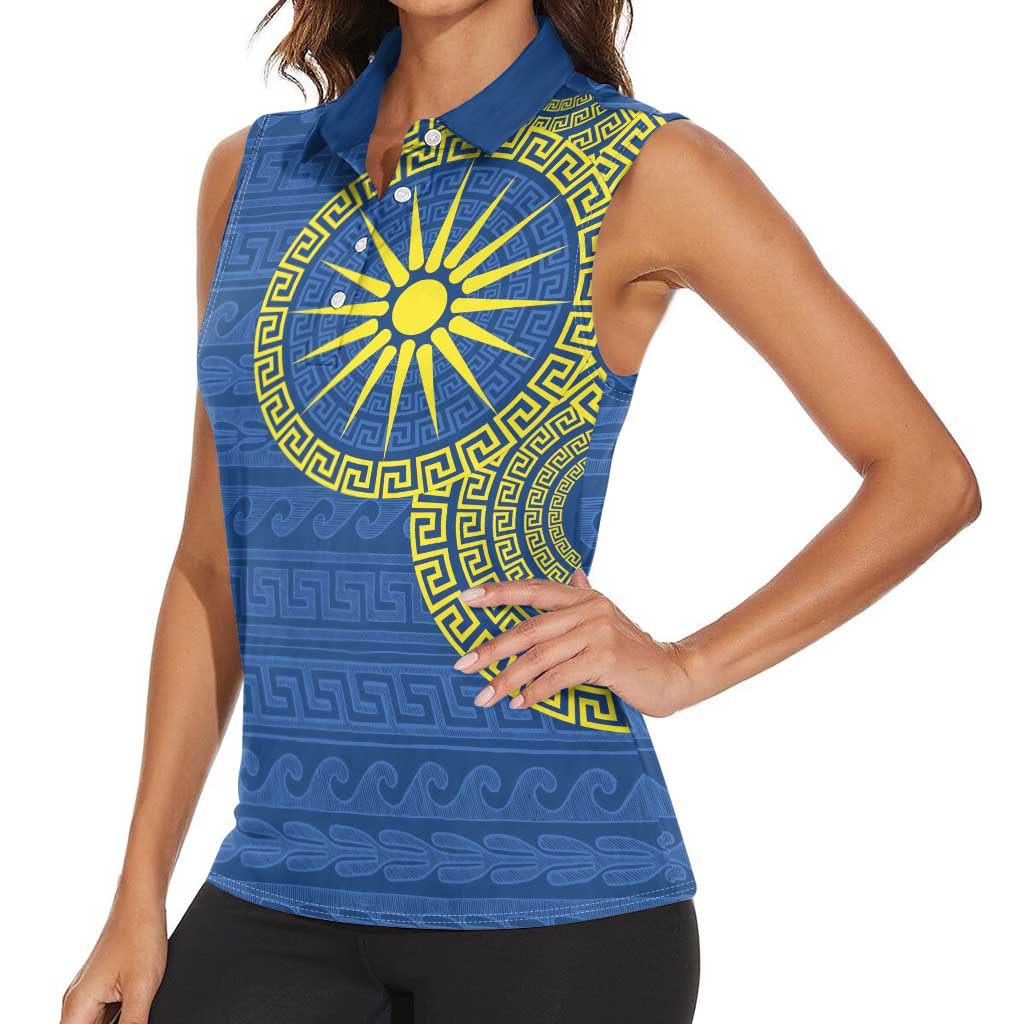 Vergina Sun Macedonia Women Sleeveless Polo Shirt Greek Pattern Blue - Wonder Print Shop