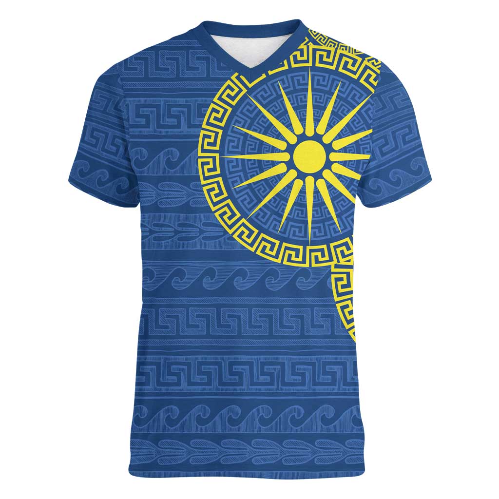 Vergina Sun Macedonia Women V-Neck T-Shirt Greek Pattern Blue - Wonder Print Shop