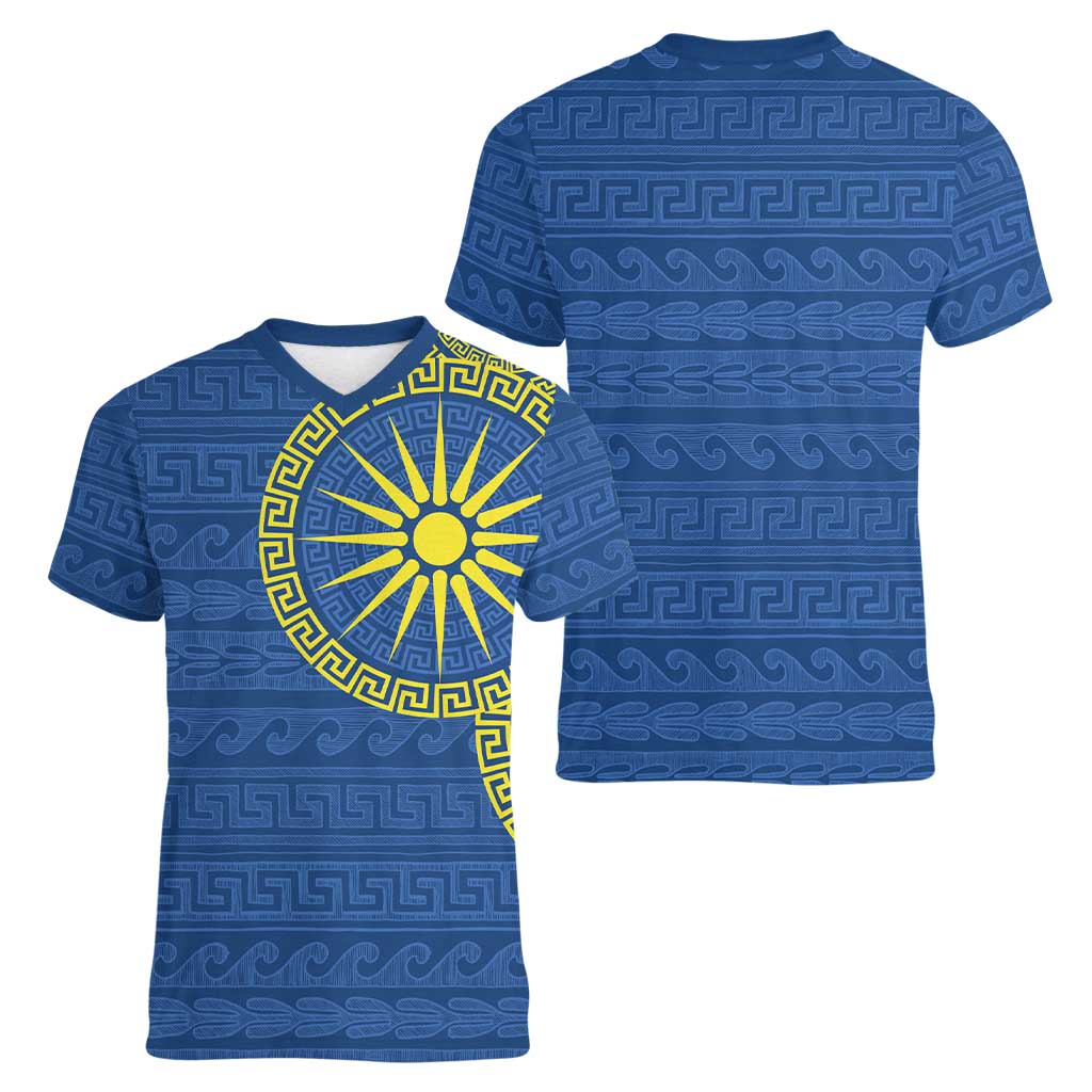Vergina Sun Macedonia Women V-Neck T-Shirt Greek Pattern Blue - Wonder Print Shop
