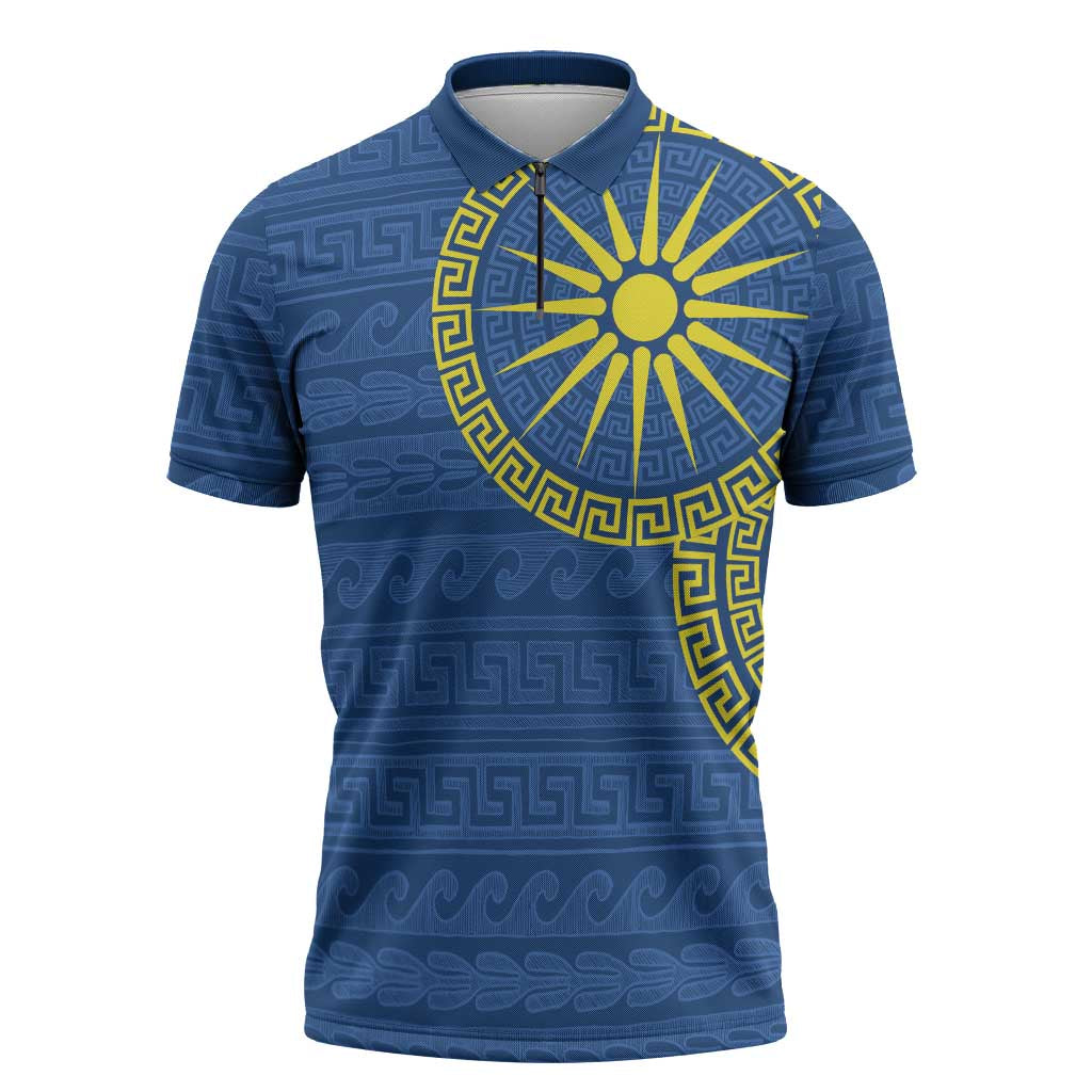 Vergina Sun Macedonia Zipper Polo Shirt Greek Pattern Blue - Wonder Print Shop