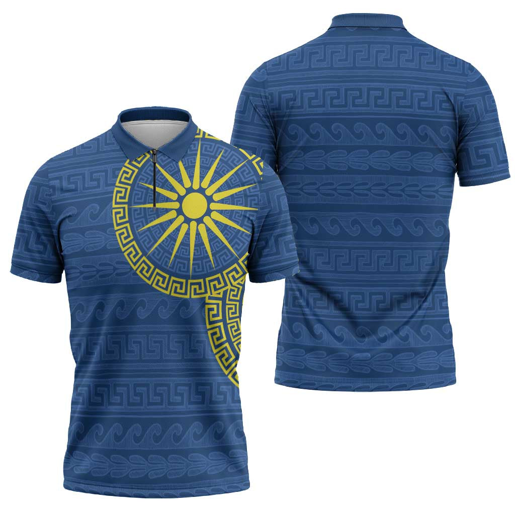 Vergina Sun Macedonia Zipper Polo Shirt Greek Pattern Blue - Wonder Print Shop