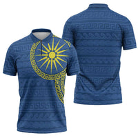 Vergina Sun Macedonia Zipper Polo Shirt Greek Pattern Blue - Wonder Print Shop