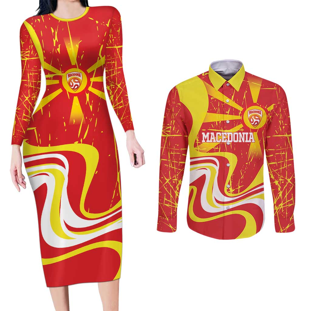 Macedonia Football Custom Couples Matching Long Sleeve Bodycon Dress and Long Sleeve Button Shirt Go Risovi Grunge Style - Wonder Print Shop