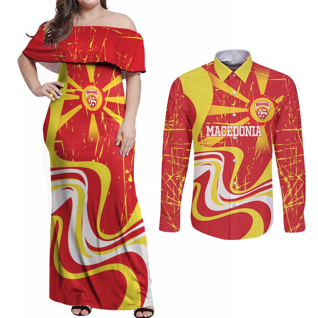 Macedonia Football Custom Couples Matching Off Shoulder Maxi Dress and Long Sleeve Button Shirt Go Risovi Grunge Style - Wonder Print Shop