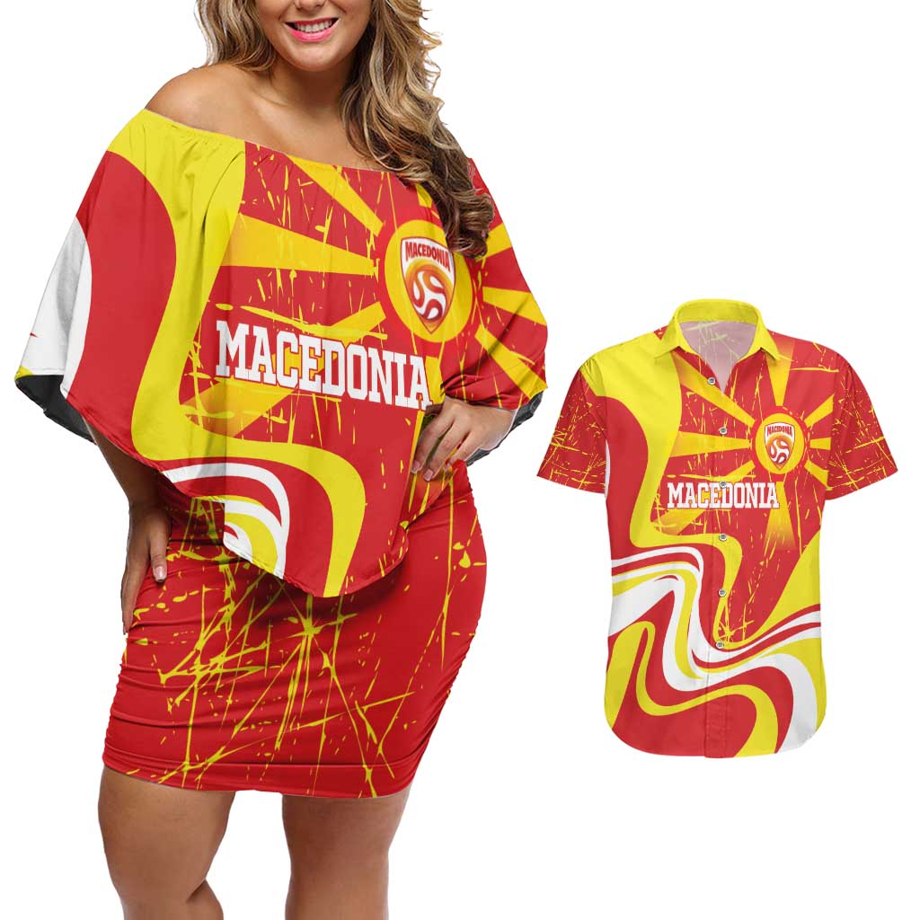 Macedonia Football Custom Couples Matching Off Shoulder Short Dress and Hawaiian Shirt Go Risovi Grunge Style - Wonder Print Shop