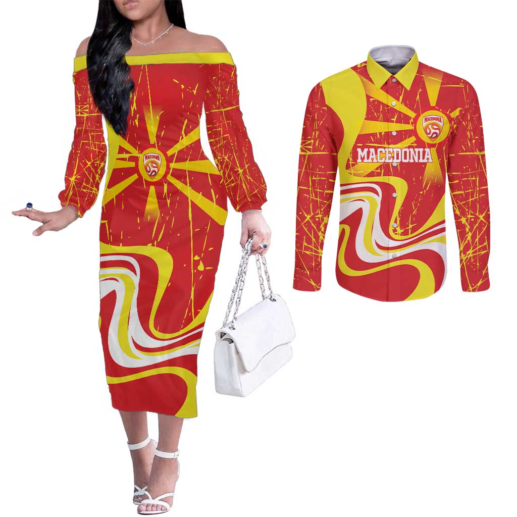 Macedonia Football Custom Couples Matching Off The Shoulder Long Sleeve Dress and Long Sleeve Button Shirt Go Risovi Grunge Style - Wonder Print Shop