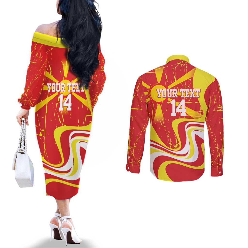 Macedonia Football Custom Couples Matching Off The Shoulder Long Sleeve Dress and Long Sleeve Button Shirt Go Risovi Grunge Style - Wonder Print Shop