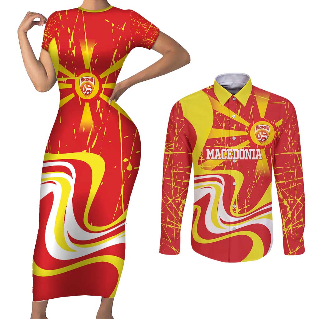 Macedonia Football Custom Couples Matching Short Sleeve Bodycon Dress and Long Sleeve Button Shirt Go Risovi Grunge Style - Wonder Print Shop